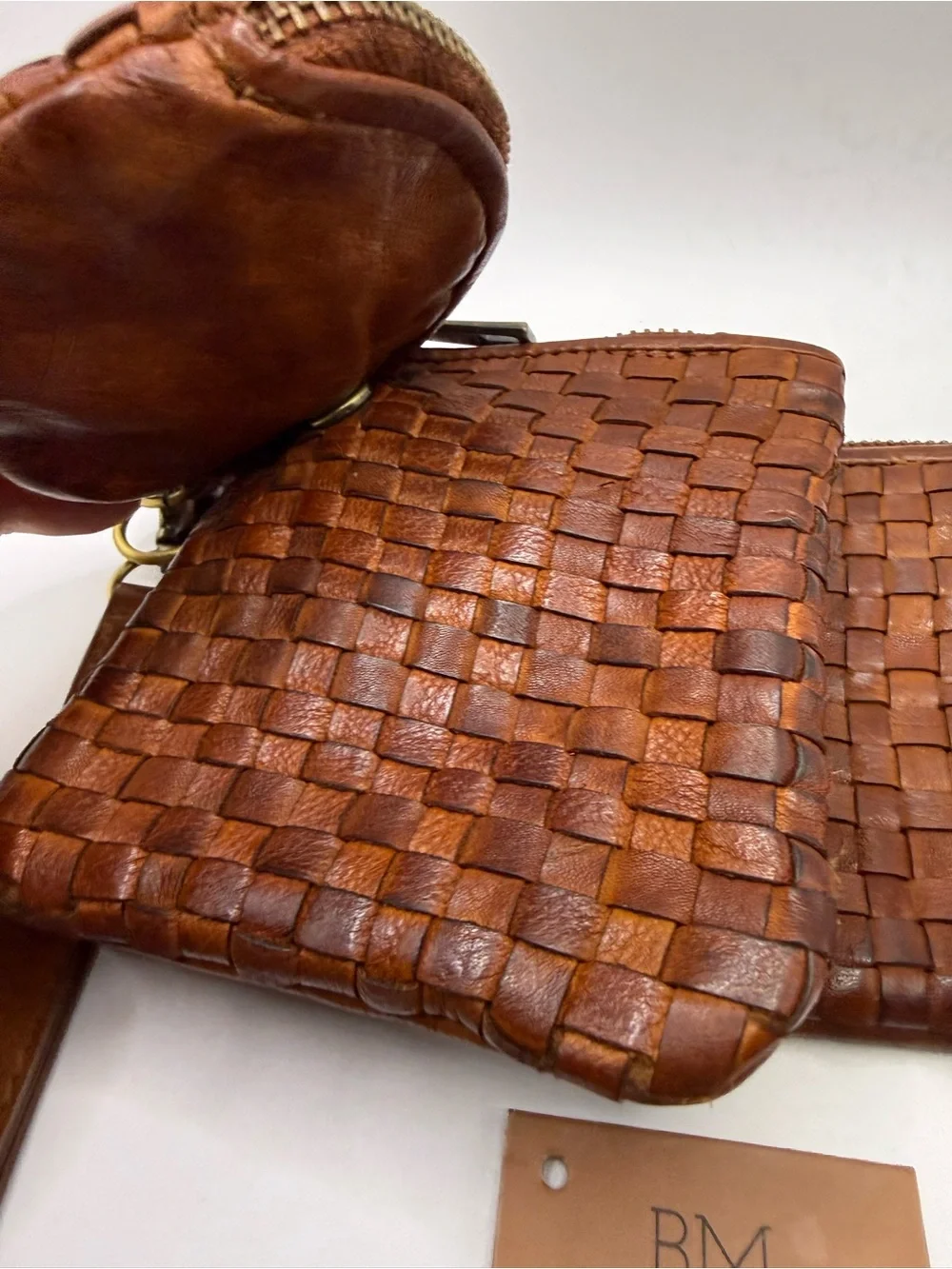 Belleza Mandoza Brown Woven Leather Wristlet with Coin Pouch NWT